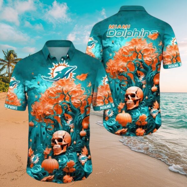 Dolphins Haunted Waves Skull & Pumpkin Aloha Shirt