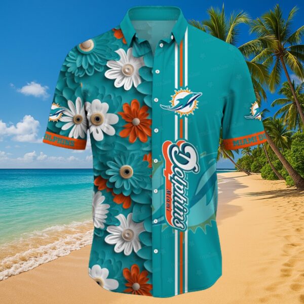 Miami Dolphins Floral Stripe Tropical Aloha Shirt - Image 4