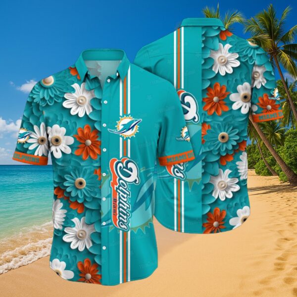 Miami Dolphins Floral Stripe Tropical Aloha Shirt - Image 5