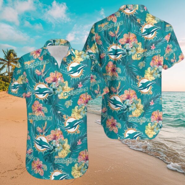 Miami Dolphins Teal Floral Print Aloha Shirt NFL Fan Gear