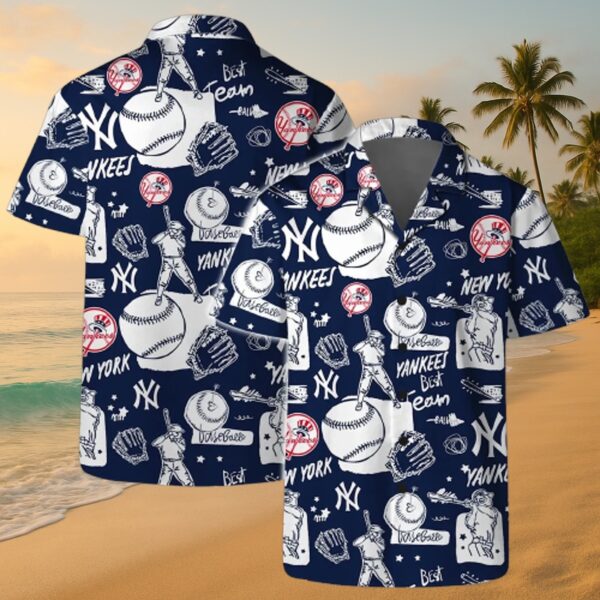 Yankees Navy Baseball Sketch Aloha Shirt - MLB Fan Gear