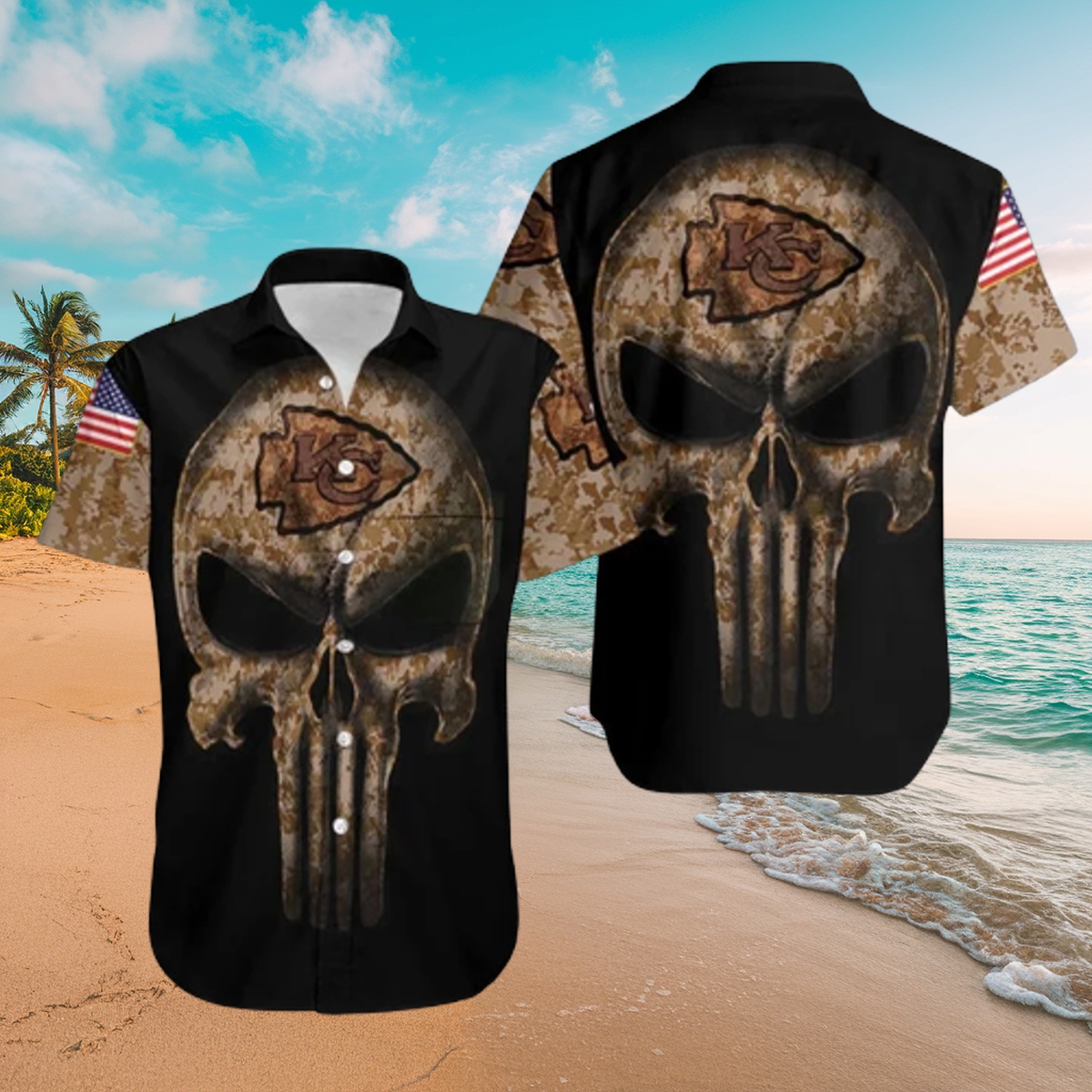 Camouflage Skull Kansas City Chiefs American Flag Hawaiian Shirt