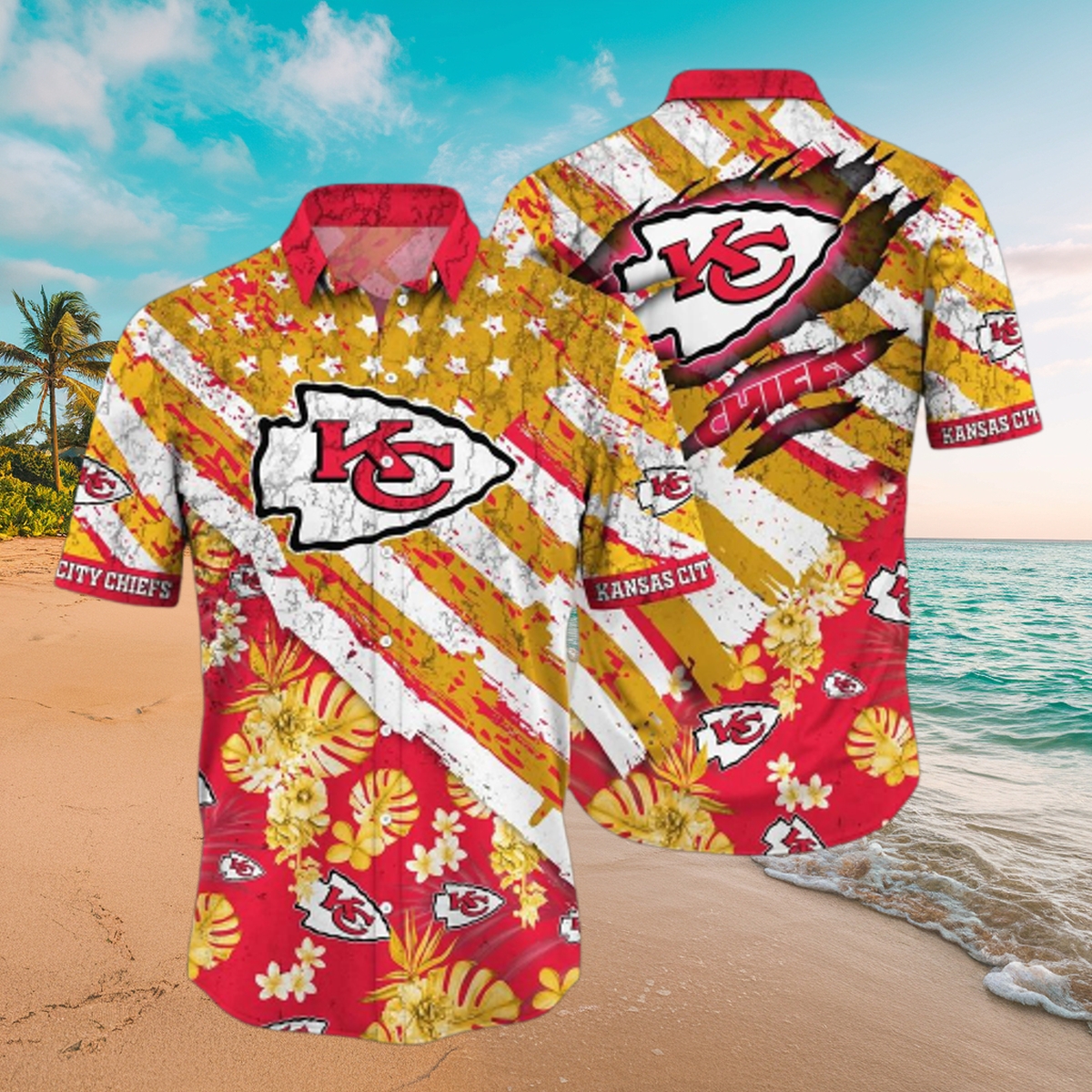 Chiefs Tropical Floral and American Flag Print Hawaiian Shirt