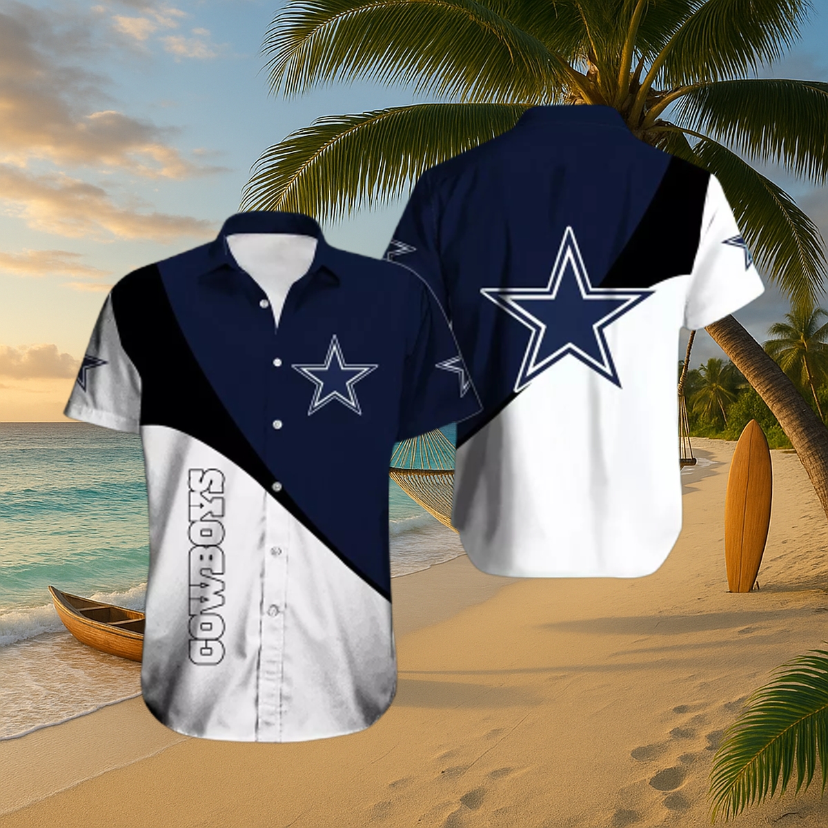 Dallas Cowboys Diagonal Wave Hawaiian Shirt – V-Cut Colorblock Camp Collar