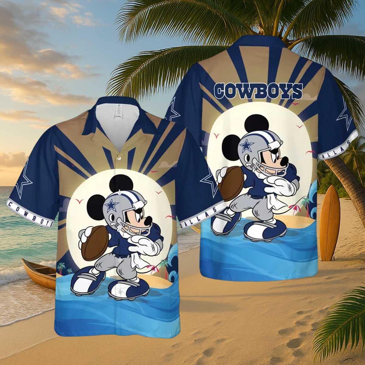 Limited-Edition Dallas Cowboys Mickey Mouse Sunset Surf Hawaiian Shirt – Premium Game-Day Beach Button-Up