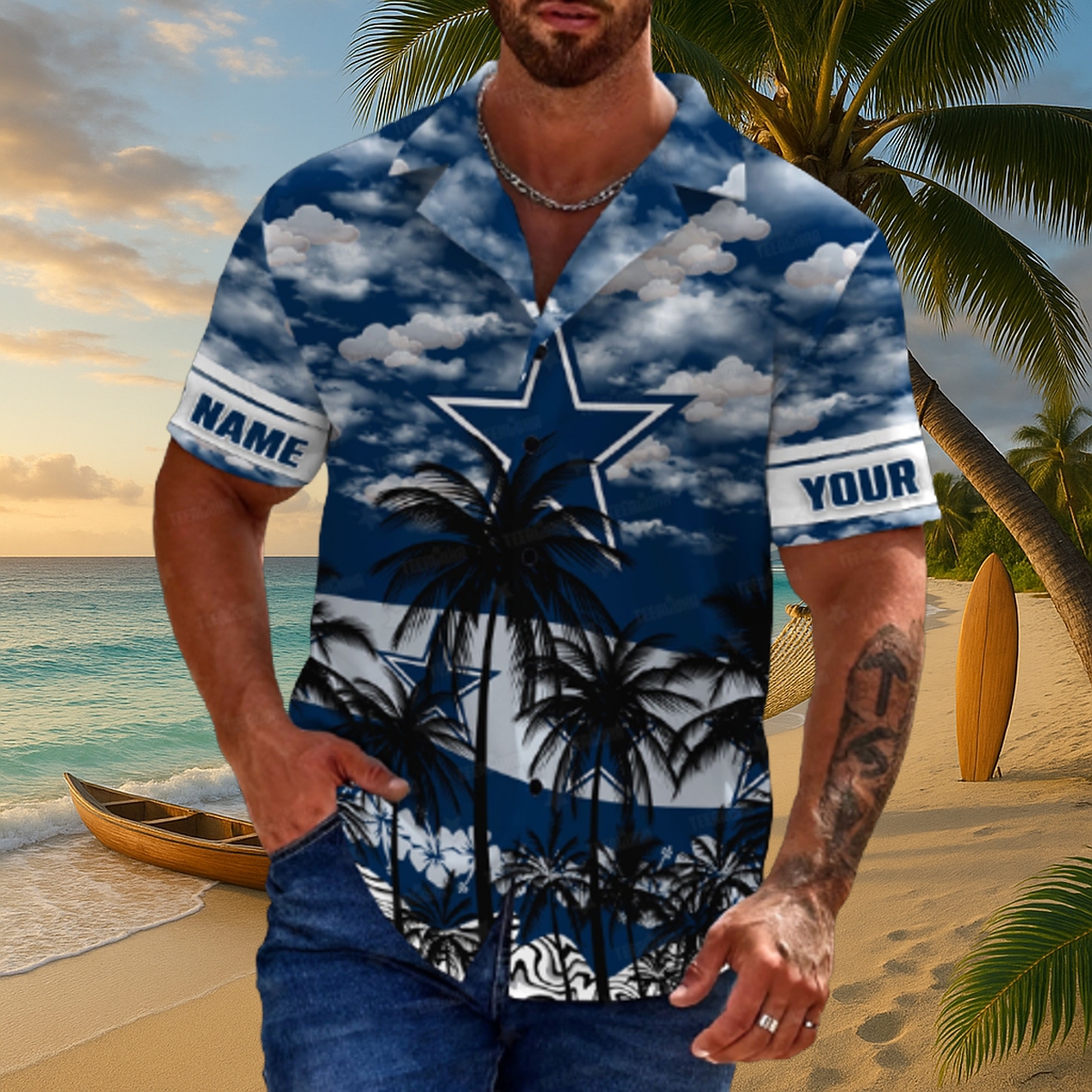 Dallas Cowboys Personalized Palm Sky Hawaiian Shirt – Custom Name Game-Day Button-Up