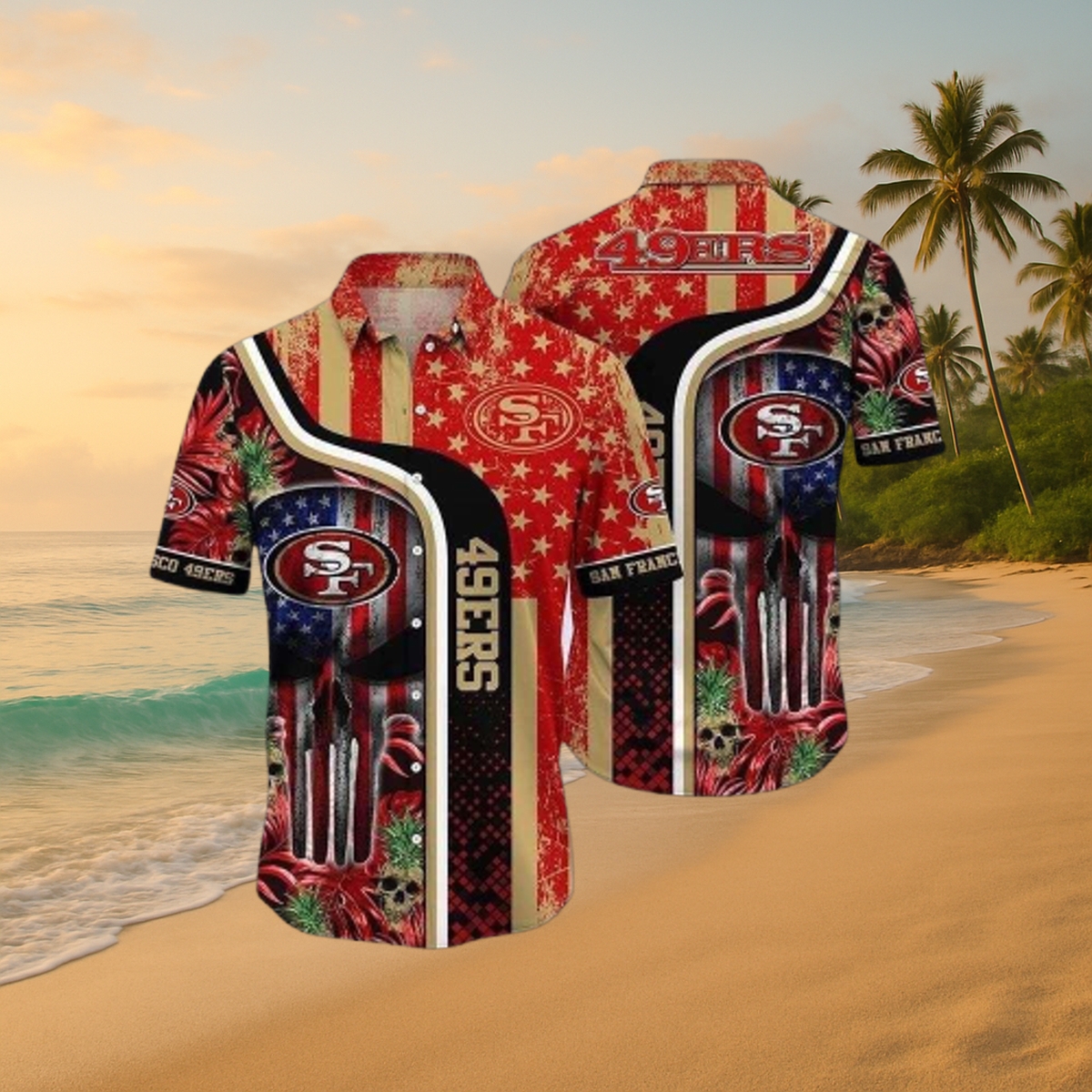 Official San Francisco 49ers Patriotic Tropical Skull Aloha Hawaiian Shirt – NFL Island & Tailgate Gear
