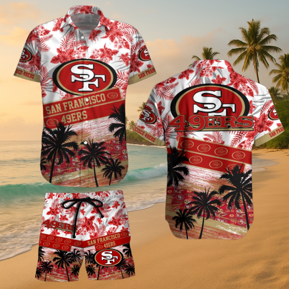 Official San Francisco 49ers Tropical Vibes Aloha Shirt & Board Shorts Set – NFL Beach & Tailgate Gear